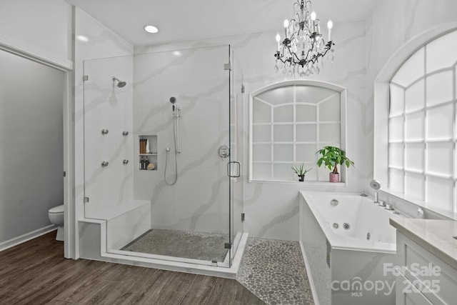 9625 Donna Ve Ln, Charlotte, NC 28277 - full bath with a stall shower, a whirlpool tub, wood finished floors, toilet, and a chandelier