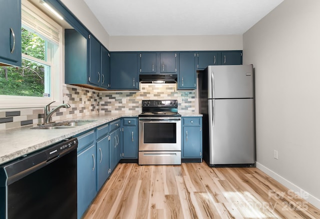 kitchen featuring appliances with stainless steel finishes, under cabinet range hood, blue cabinets, a sink, and tasteful backsplash
