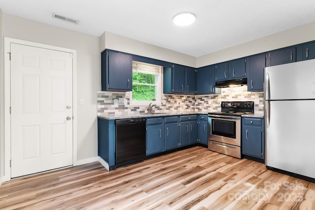 kitchen with appliances with stainless steel finishes, blue cabinetry, a sink, and under cabinet range hood