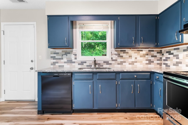 kitchen featuring blue cabinets, dishwasher, a sink, and stainless steel range with electric cooktop