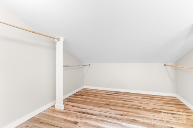 walk in closet with vaulted ceiling and wood finished floors