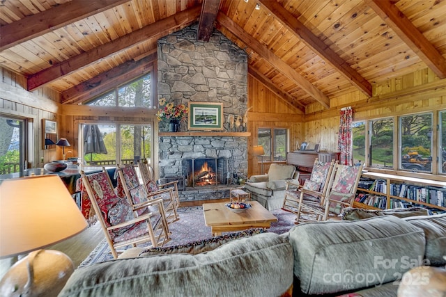 5271 Big Ridge Rd, Glenville, NC 28736 - living area with wood finished floors, wood walls, wooden ceiling, beamed ceiling, and a fireplace