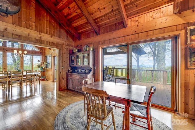 5271 Big Ridge Rd, Glenville, NC 28736 - dining space with wood walls, wooden ceiling, a chandelier, light wood-type flooring, and beam ceiling