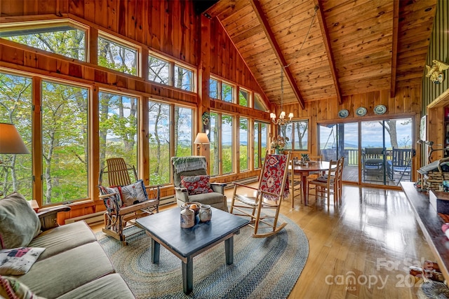 5271 Big Ridge Rd, Glenville, NC 28736 - sunroom / solarium featuring wooden ceiling, wooden walls, hardwood / wood-style flooring, high vaulted ceiling, and beamed ceiling