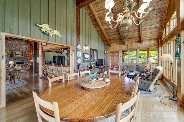 5271 Big Ridge Rd, Glenville, NC 28736 - dining space featuring high vaulted ceiling, wood ceiling, wood-type flooring, wood walls, and a chandelier