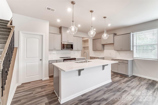 kitchen featuring stainless steel appliances, gray cabinetry, a sink, wood finished floors, and a kitchen island with sink