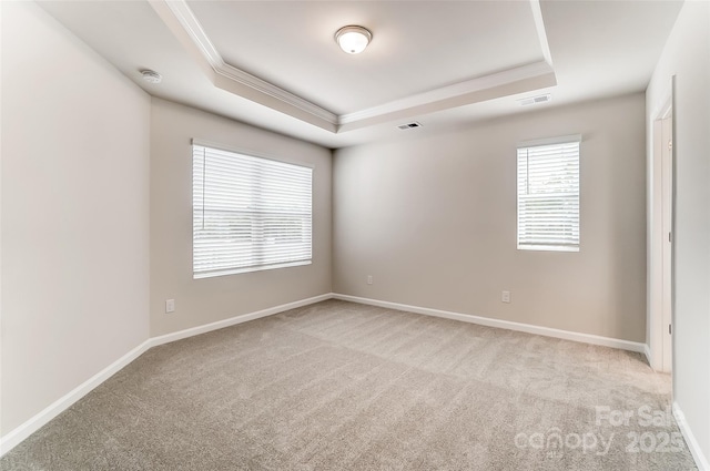 spare room featuring ornamental molding, a raised ceiling, light colored carpet, baseboards, and a smoke detector