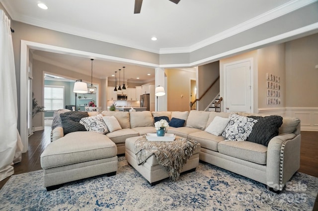 220 Forsythia Ln, Tega Cay, SC 29708 - living room with ornamental molding, ceiling fan, wood finished floors, stairs, and recessed lighting