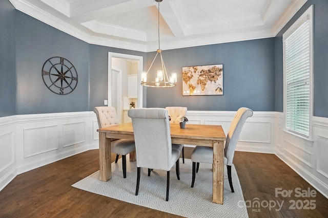 220 Forsythia Ln, Tega Cay, SC 29708 - dining space featuring a chandelier, wood finished floors, beam ceiling, coffered ceiling, and a decorative wall