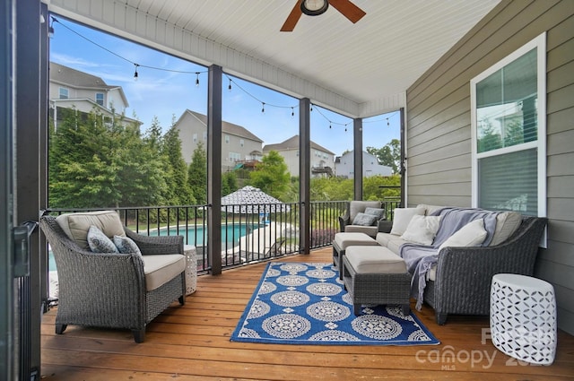 220 Forsythia Ln, Tega Cay, SC 29708 - sunroom / solarium featuring an outdoor living space and ceiling fan