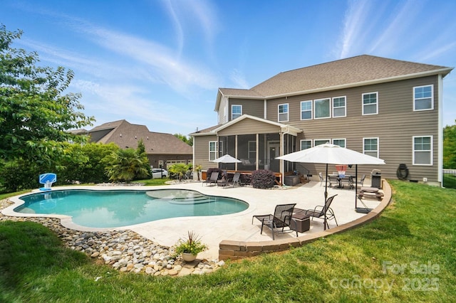 220 Forsythia Ln, Tega Cay, SC 29708 - outdoor pool with a sunroom, a patio, and a lawn
