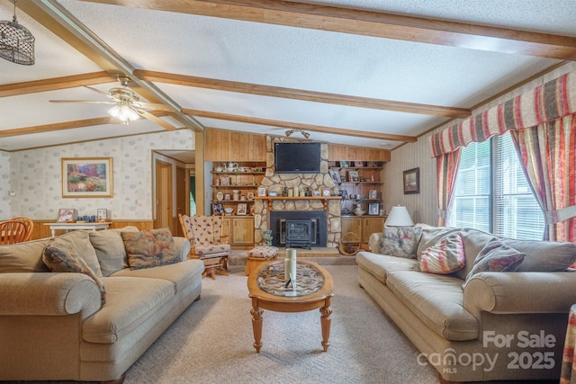 2310 Alexis Lucia Rd, Stanley, NC 28164 - carpeted living area with wallpapered walls, wainscoting, a ceiling fan, a textured ceiling, and wood walls