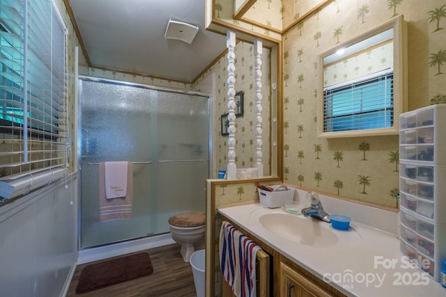2310 Alexis Lucia Rd, Stanley, NC 28164 - full bath with wallpapered walls, toilet, wood finished floors, a shower stall, and vanity