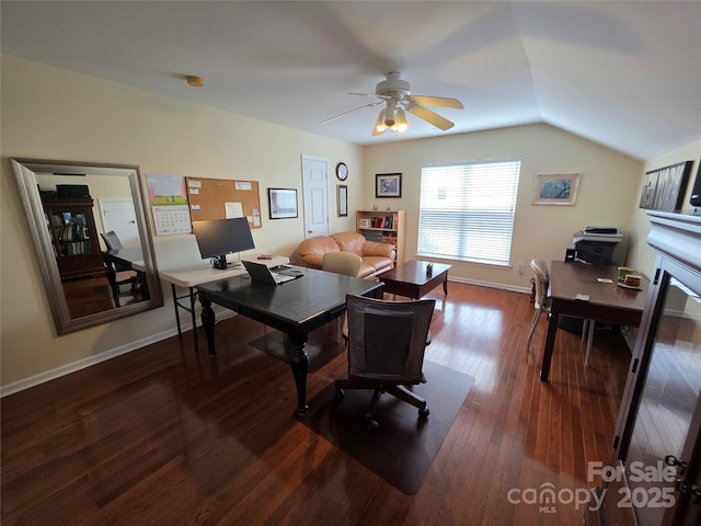 6017 Lowergate Dr, Waxhaw, NC 28173 - home office featuring hardwood / wood-style floors, a ceiling fan, vaulted ceiling, and baseboards