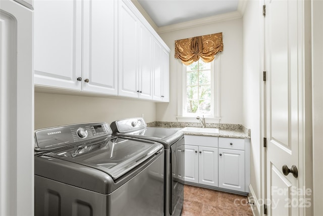 18843 Flat Shoals Dr, Cornelius, NC 28031 - laundry room with cabinet space, independent washer and dryer, and crown molding