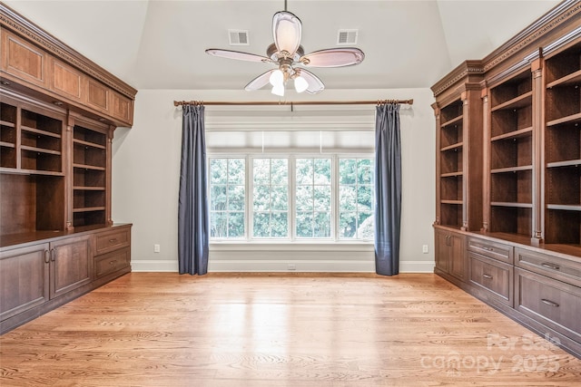 18843 Flat Shoals Dr, Cornelius, NC 28031 - unfurnished office featuring a ceiling fan, light wood-style floors, vaulted ceiling, and baseboards