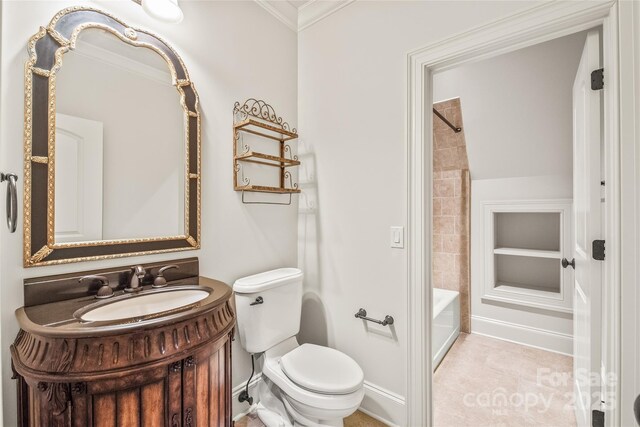 18843 Flat Shoals Dr, Cornelius, NC 28031 - bathroom with ornamental molding, built in features, toilet, vanity, and shower / bathtub combination