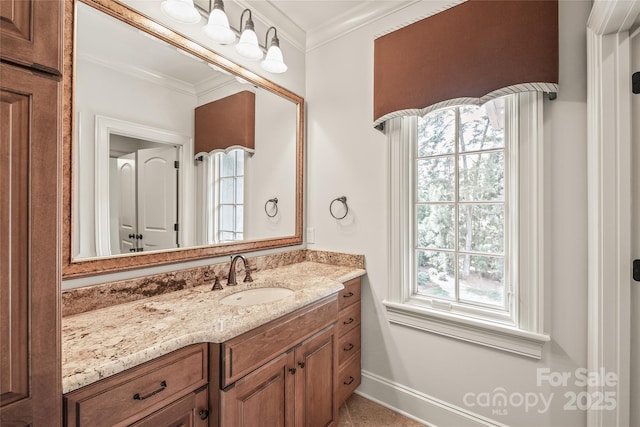 18843 Flat Shoals Dr, Cornelius, NC 28031 - bathroom featuring plenty of natural light, vanity, ornamental molding, and baseboards