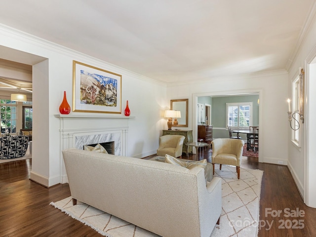 2410 Vernon Dr, Charlotte, NC 28211 - living area with a high end fireplace, wood finished floors, and crown molding