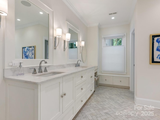 2410 Vernon Dr, Charlotte, NC 28211 - full bath with crown molding, double vanity, recessed lighting, and brick patterned flooring