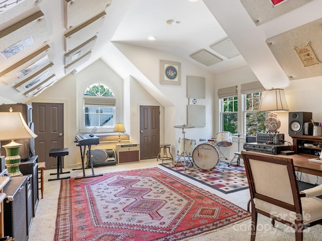 2410 Vernon Dr, Charlotte, NC 28211 - home office with healthy amount of natural light, lofted ceiling, and light colored carpet