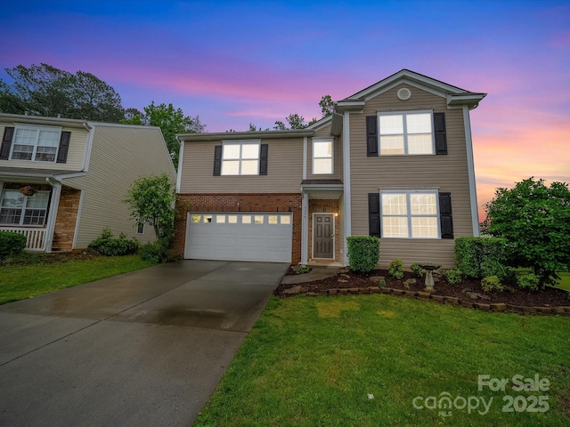 2306 Nettleton Ct, Matthews, NC 28105 - traditional-style house featuring concrete driveway, an attached garage, brick siding, and a front lawn