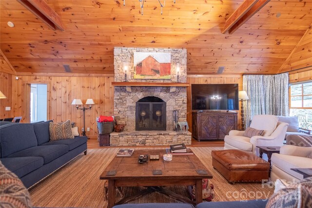 973 Sitting Rock Trl, Cullowhee, NC 28723 - living room featuring wood finished floors, wooden walls, a fireplace, and wooden ceiling