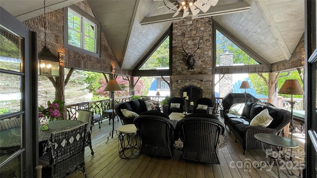 973 Sitting Rock Trl, Cullowhee, NC 28723 - sunroom / solarium with a ceiling fan and an outdoor living space with a fireplace
