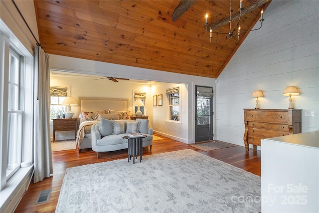 973 Sitting Rock Trl, Cullowhee, NC 28723 - bedroom featuring wood finished floors, high vaulted ceiling, wooden walls, a chandelier, and wooden ceiling