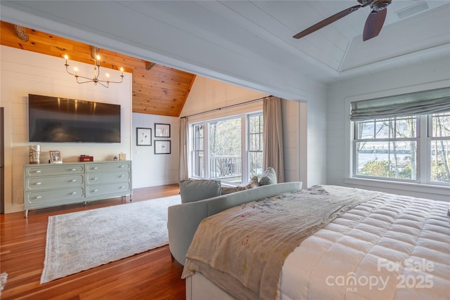 973 Sitting Rock Trl, Cullowhee, NC 28723 - bedroom featuring lofted ceiling, wood finished floors, a chandelier, wooden ceiling, and ceiling fan