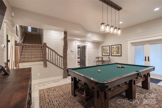 973 Sitting Rock Trl, Cullowhee, NC 28723 - game room featuring french doors, pool table, recessed lighting, and wooden walls