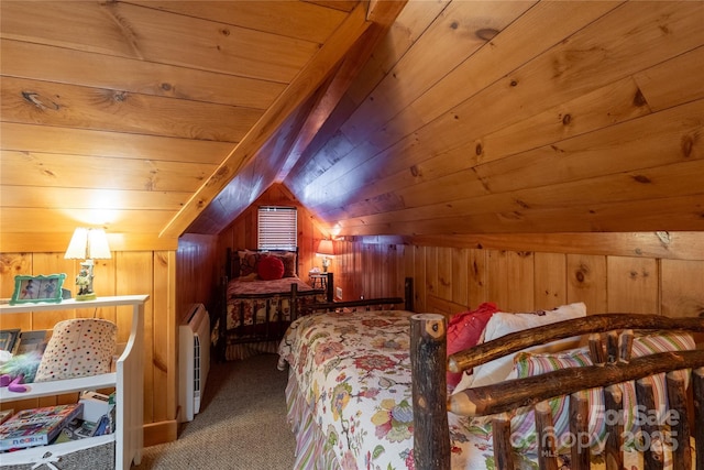 973 Sitting Rock Trl, Cullowhee, NC 28723 - bedroom with vaulted ceiling, carpet flooring, wooden walls, heating unit, and wood ceiling