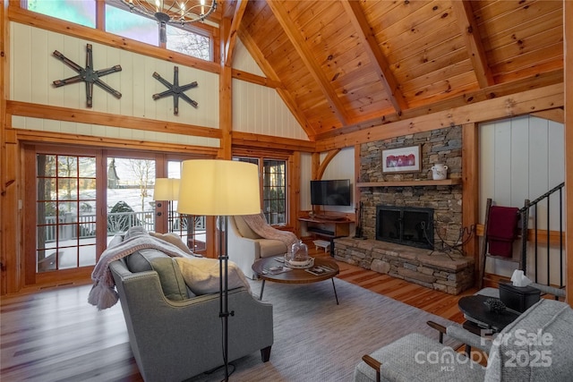 973 Sitting Rock Trl, Cullowhee, NC 28723 - living area with high vaulted ceiling, wood finished floors, wood ceiling with exposed beams, a fireplace, and wood walls