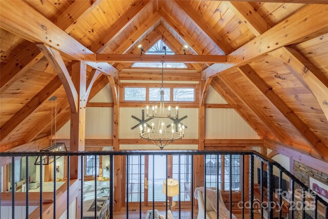 973 Sitting Rock Trl, Cullowhee, NC 28723 - detailed view of a chandelier and wooden ceiling with exposed beams