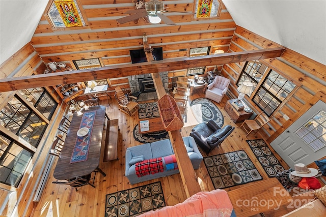 178 Tablerock Dr, Saluda, NC 28773 - living room featuring high vaulted ceiling, hardwood / wood-style floors, and ceiling fan
