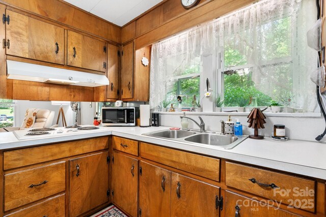 715 Broadway St NW, Lenoir, NC 28645 - kitchen with under cabinet range hood, a sink, stainless steel microwave, white electric cooktop, and light countertops