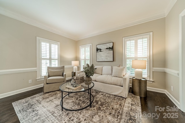 2907 Notchview Ct, Charlotte, NC 28210 - living area with dark wood-style flooring, ornamental molding, and baseboards