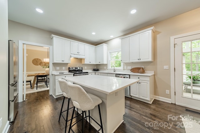 2907 Notchview Ct, Charlotte, NC 28210 - kitchen featuring stainless steel appliances, a sink, light countertops, dark wood-style flooring, and recessed lighting