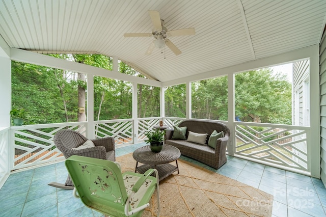 2907 Notchview Ct, Charlotte, NC 28210 - sunroom featuring a ceiling fan, vaulted ceiling, and an outdoor living space