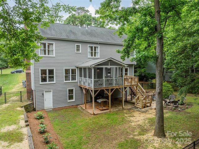 2907 Notchview Ct, Charlotte, NC 28210 - rear view of property with a sunroom, stairs, a wooden deck, and a shingled roof