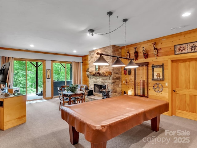 421 Ramp Patch Ln, Waynesville, NC 28786 - playroom featuring carpet flooring, recessed lighting, wooden walls, pool table, and a stone fireplace