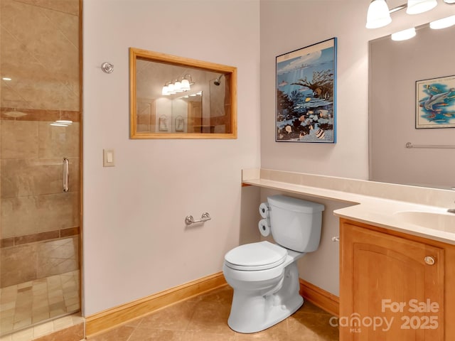 421 Ramp Patch Ln, Waynesville, NC 28786 - full bath with baseboards, a tile shower, toilet, tile patterned flooring, and vanity