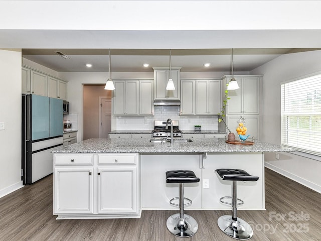 3023 Ballester Rd, Fort Mill, SC 29707 - kitchen featuring stainless steel appliances, a sink, under cabinet range hood, baseboards, and recessed lighting