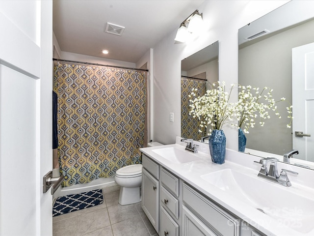 3023 Ballester Rd, Fort Mill, SC 29707 - bathroom featuring double vanity, toilet, tile patterned floors, and a shower with curtain