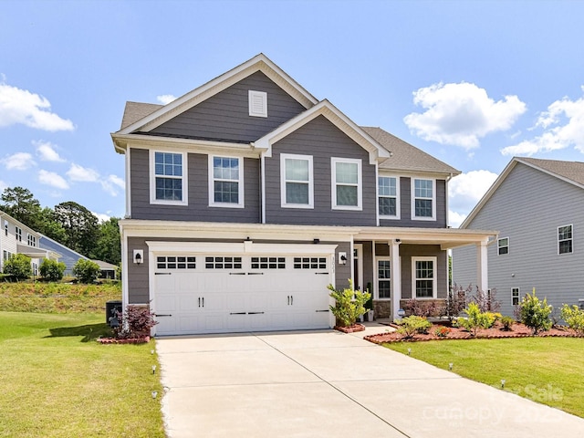 3023 Ballester Rd, Fort Mill, SC 29707 - craftsman-style home with concrete driveway, a front lawn, a garage, and covered porch