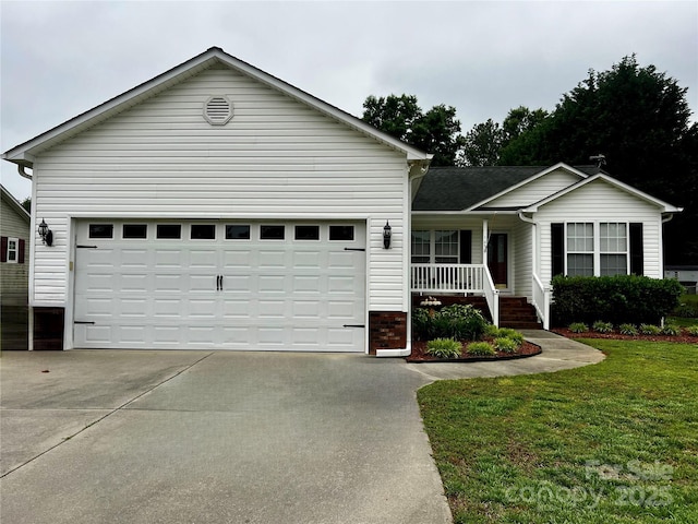 165 Kimball Rd, China Grove, NC 28023 - ranch-style house with driveway, a porch, a garage, and a front lawn