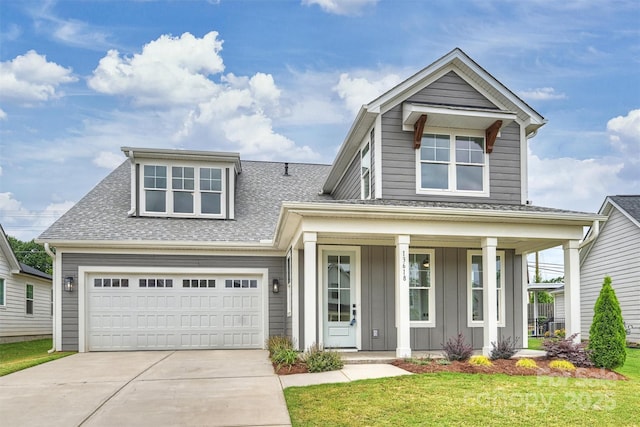 13618 Tranquil Day Dr, Matthews, NC 28105 - view of front facade featuring a porch, concrete driveway, roof with shingles, and a front lawn