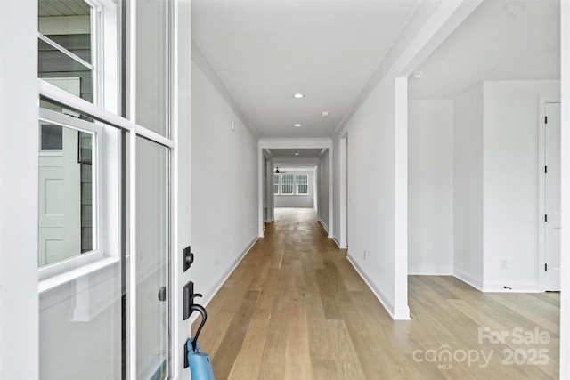 13618 Tranquil Day Dr, Matthews, NC 28105 - hallway with light wood-type flooring, baseboards, and recessed lighting