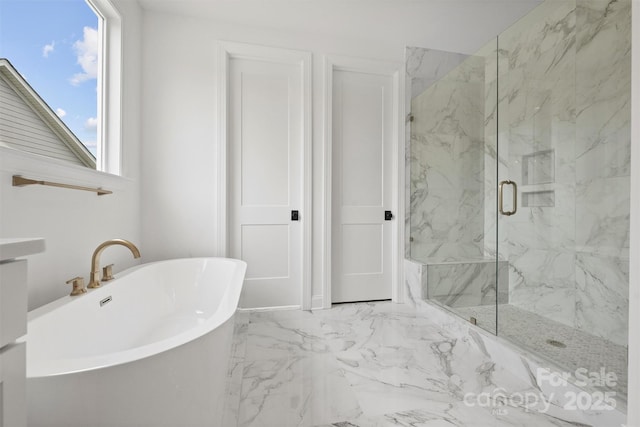 13618 Tranquil Day Dr, Matthews, NC 28105 - full bathroom featuring marble finish flooring, a freestanding tub, and a marble finish shower