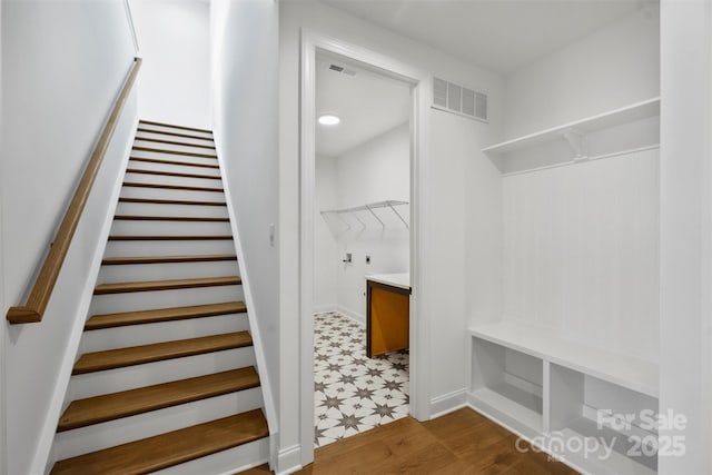 13618 Tranquil Day Dr, Matthews, NC 28105 - staircase featuring baseboards and wood finished floors